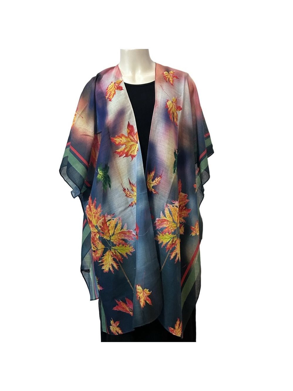 JG Sunny Blue Orange Leaf Print Cotton Scarf Wrap Kimono NWT
